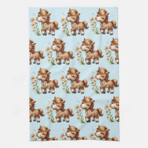 Cute Pony Eating Daisies Pattern Kitchen Towel