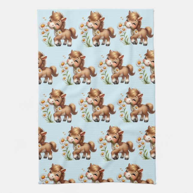 Cute Pony Eating Daisies Pattern Kitchen Towel (Vertical)