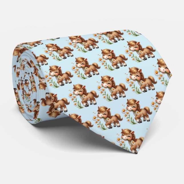 Cute Pony Eating Daisies Pattern Neck Tie (Rolled)
