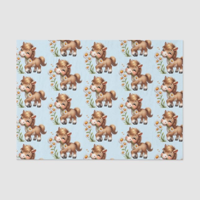 Cute Pony Eating Daisies Pattern Tissue Paper (Front)