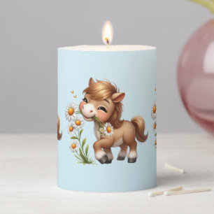 Cute Pony Eating Daisies Pillar Candle