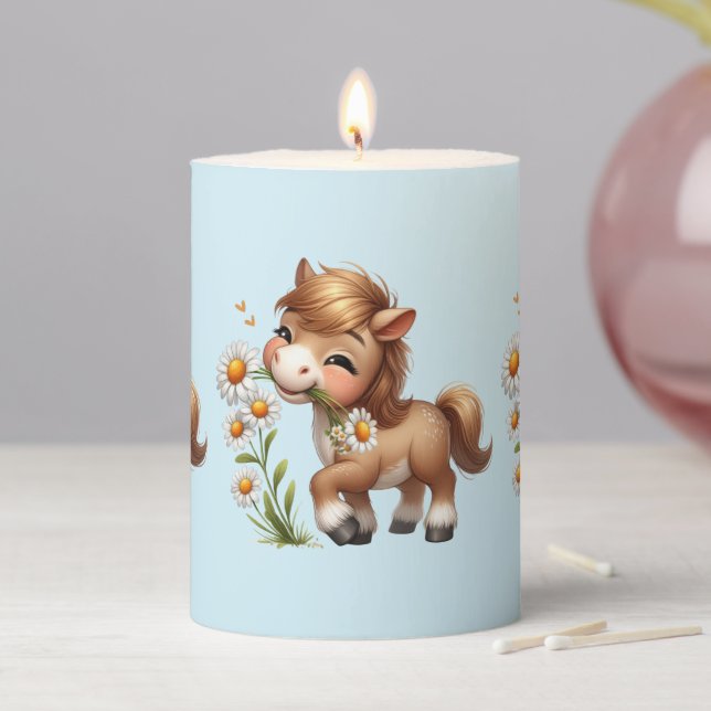 Cute Pony Eating Daisies Pillar Candle (In Situ)
