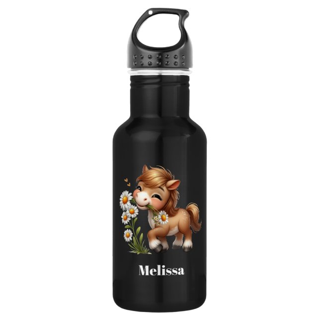 Cute Pony Eating Daisies Stainless Steel Water Bottle (Front)