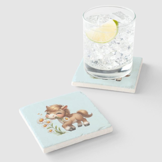 Cute Pony Eating Daisies Stone Coaster (Side)