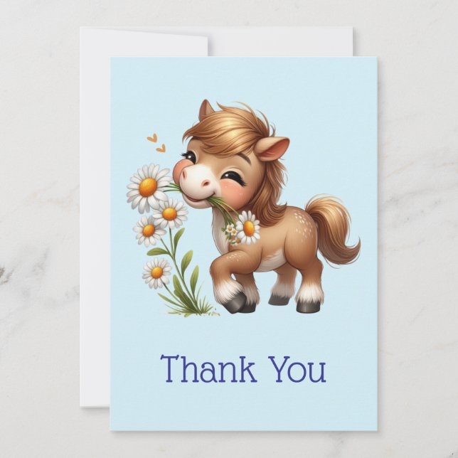Cute Pony Eating Daisies Thank You Card (Front)