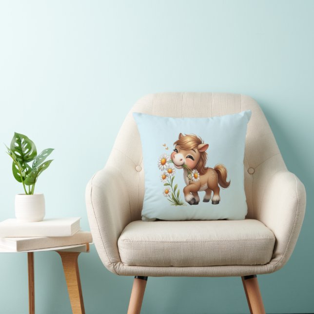 Cute Pony Eating Daisies Throw Pillow (Chair)