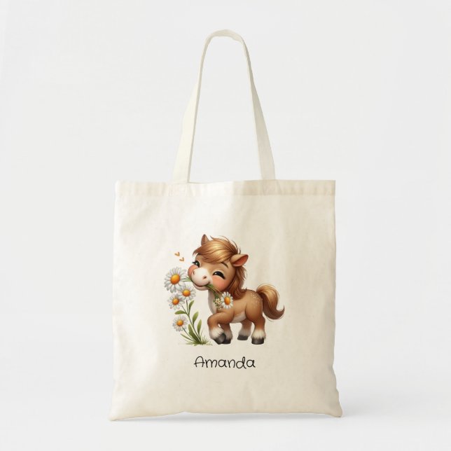 Cute Pony Eating Daisies Tote Bag (Front)