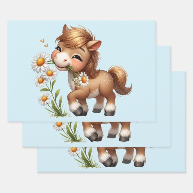 Cute Pony Eating Daisies Wrapping Paper Sheets (Set)