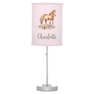 Cute Pony Floral Watercolor Pink Kid Name Table Lamp