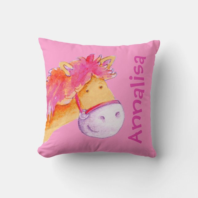 Cute pony name girls orange pink pillow (Front)
