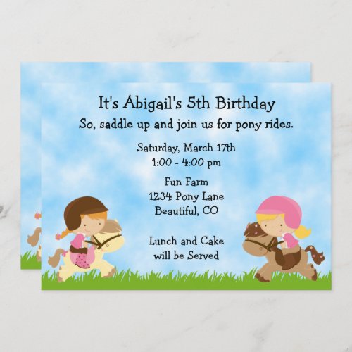 Cute Pony Party Girls Riding Horses Birthday Invitation