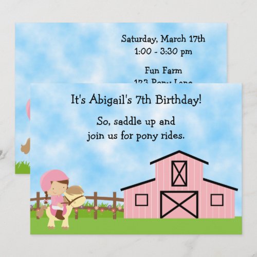 Cute Pony Rides Birthday Invitation for Girls