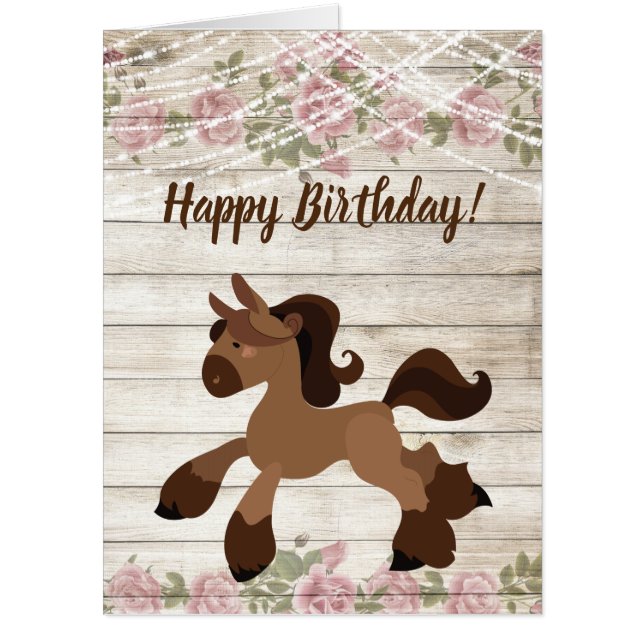 Cute Pony, Roses and Lights Horse BIG Birthday Card (Front)