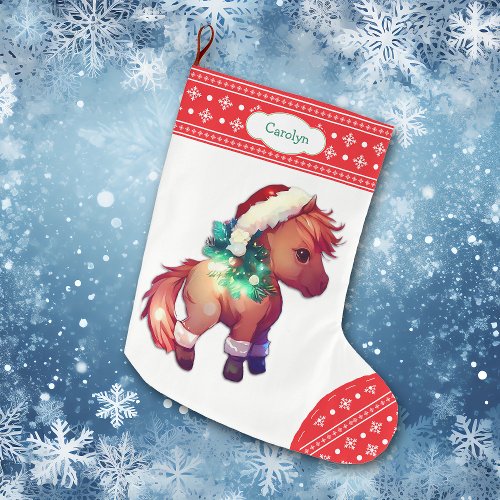 Cute Pony Snowflake Red Border Kids Large Christmas Stocking