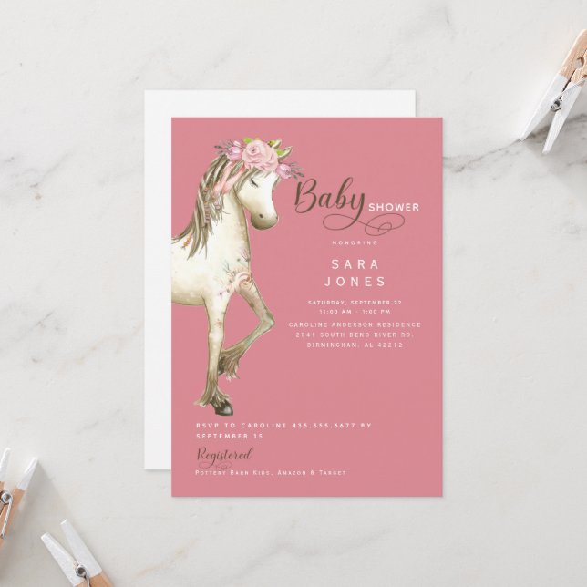 Cute Pony Watercolor Pink Baby Shower  Invitation (Front/Back In Situ)