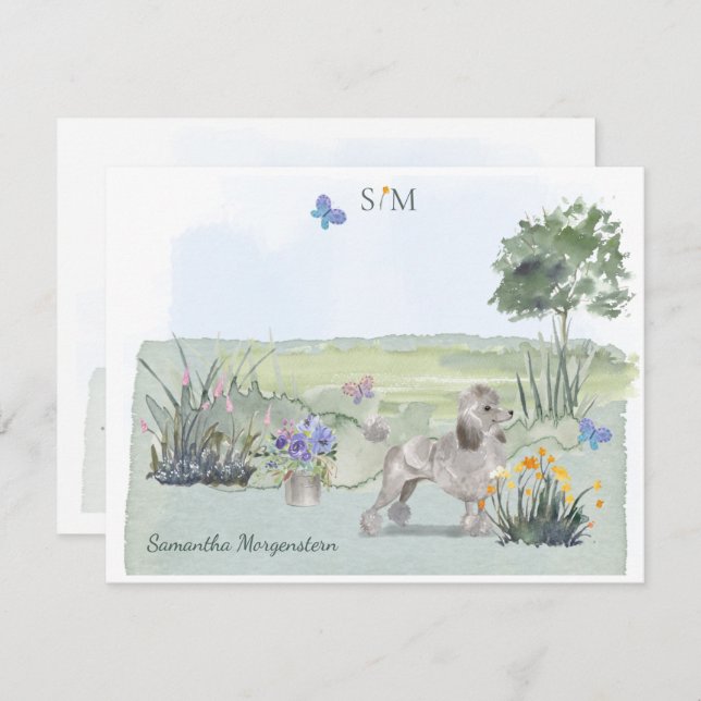 Cute Poodle Butterfly Meadow  Monogram & Name     Note Card (Front/Back)