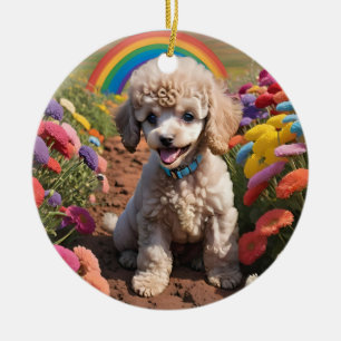 Cute Poodle Colorful flower and rainbow Ceramic Ornament