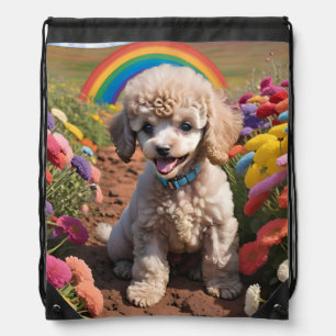 Cute Poodle Colorful flower and rainbow Drawstring Bag