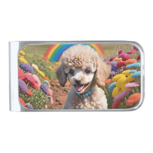 Cute Poodle Colorful flower and rainbow Silver Finish Money Clip