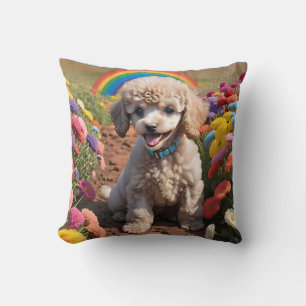 Cute Poodle Colorful flower and rainbow Throw Pillow