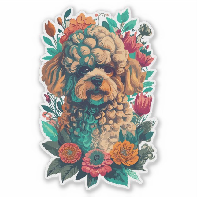 Cute Poodle Dog And Flowers Cut Vinyl Sticker (Front)