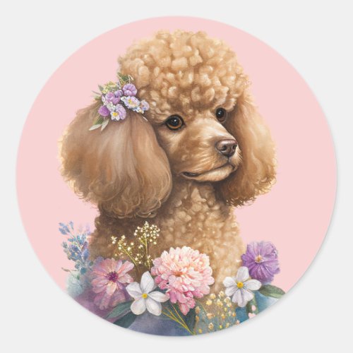 Cute Poodle Dog Floral Pink Girly Watercolor Classic Round Sticker