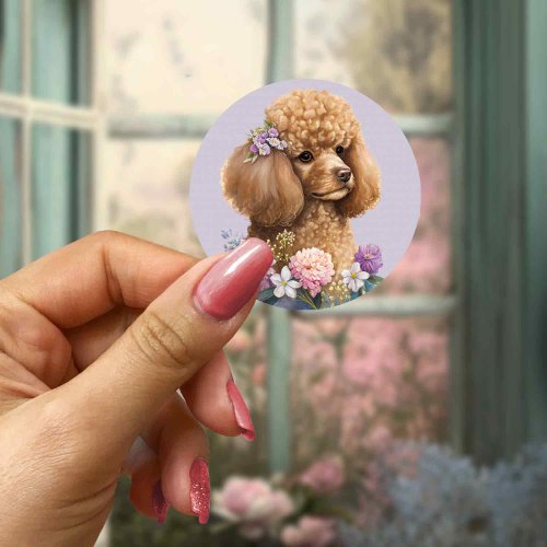 Cute Poodle Dog Floral Purple Girly Watercolor  Classic Round Sticker