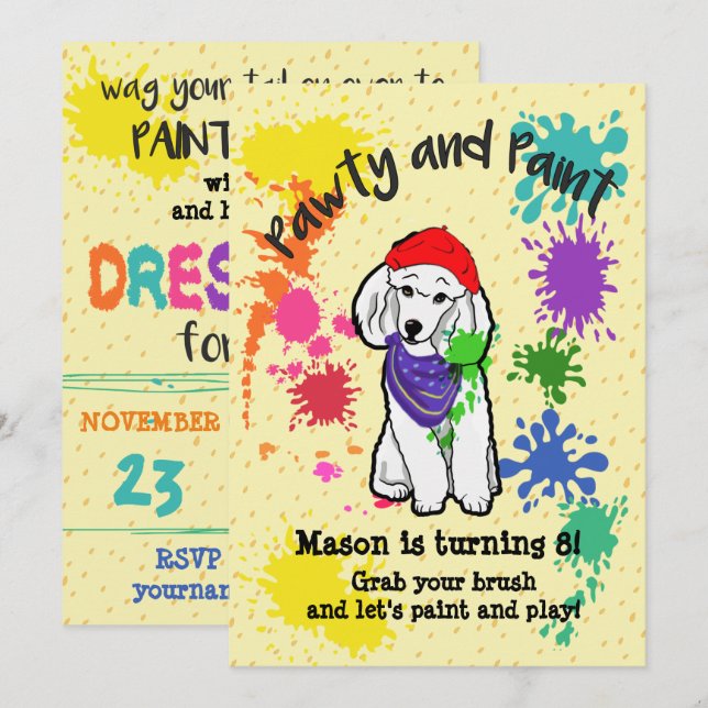 Cute Poodle Dog Fun Art Birthday Party Invitation (Front/Back)