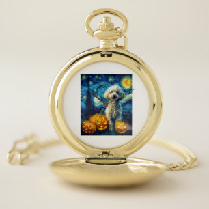 Cute Poodle Dog Halloween Jack O Lantern Pumpkin F Pocket Watch