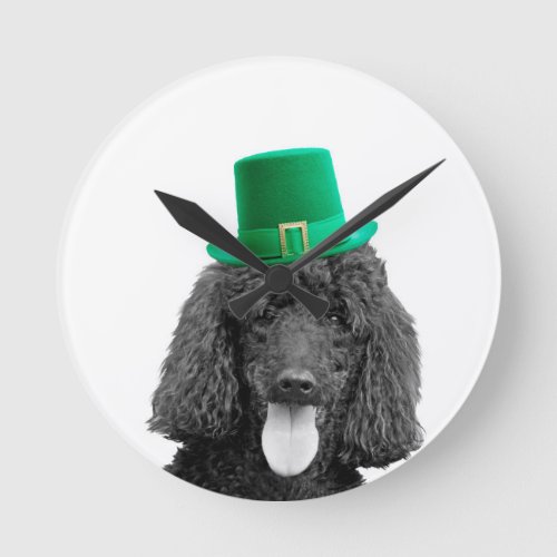 Cute Poodle Dog Hat St Patrick Day Round Clock