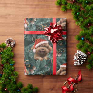 Cute Poodle Dog Santa Hat Fir Branches Pine Cones Wrapping Paper