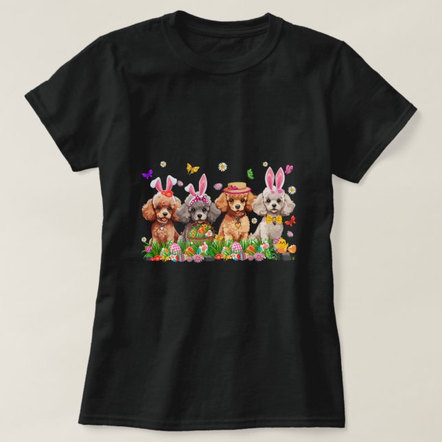 Cute Poodle Dogs With Bunny Ears Egg Basket Easter T-Shirt (Design Front)