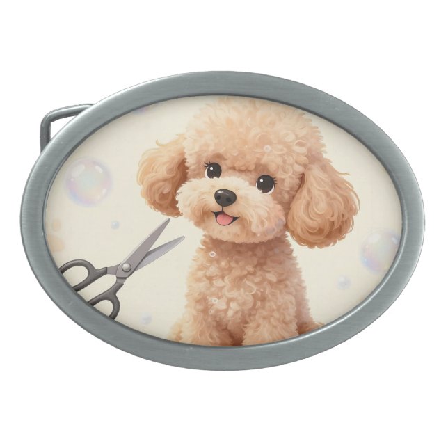 Cute Poodle Grooming Bubbles Scissors  Belt Buckle (Front)