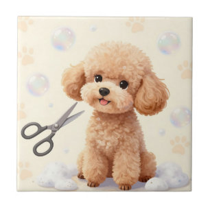 Cute Poodle Grooming Bubbles Scissors Ceramic Tile