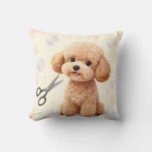 Cute Poodle Grooming Bubbles Scissors Throw Pillow
