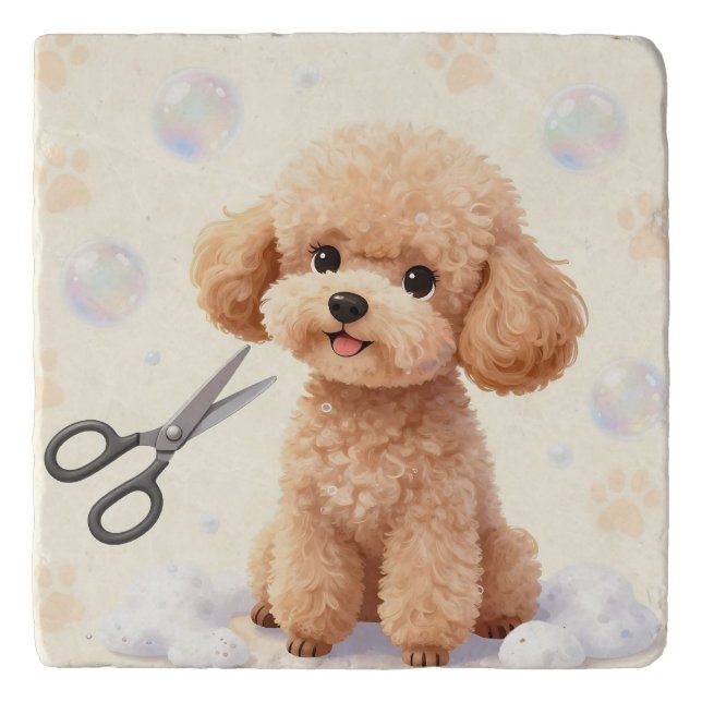 Cute Poodle Grooming Bubbles Scissors  Trivet (Front)