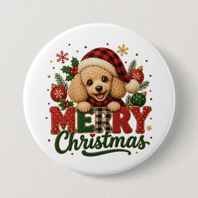 Cute Poodle Merry Christmas Button (Front)