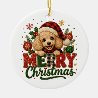 Cute Poodle Merry Christmas Ceramic Ornament
