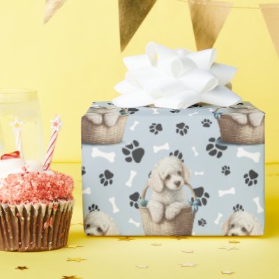 Cute Poodle Puppy in Basket Paw Print  Wrapping Paper