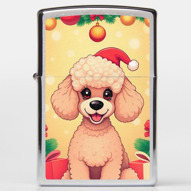 Cute Poodle Puppy in Christmas Scene with Gifts Zippo Lighter (Front)