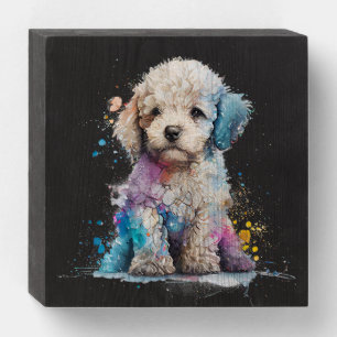 Cute Poodle Puppy Watercolor AI Art Wooden Box Sign