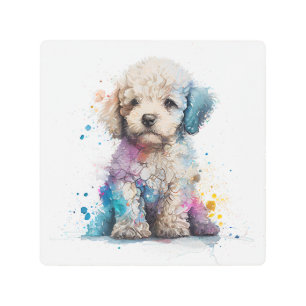 Cute Poodle Puppy Watercolor AI Metal Print