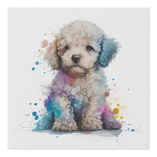 Cute Poodle Puppy Watercolor Art Faux Canvas Print (Front)