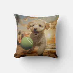 🐕 Cute poodle puppy with Tennis balls on beach Throw Pillow