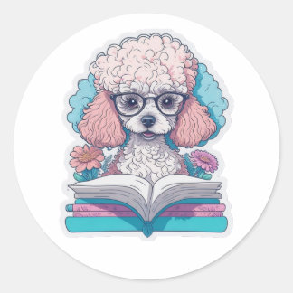 Cute Poodle Reading A Book Classic Round Sticker