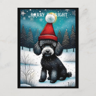 Cute Poodle Snowy Meadow Santa Puppy Christmas Postcard