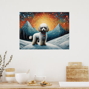 Cute Poodle Snowy Mountain Happy Birthday Poster