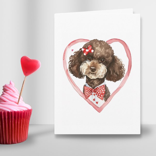 Cute Poodle Valentines Day Dog Mom Love Pink Red  Holiday Card (Poodle heart Valentines day watercolor folded card for cute dog mom parent or couple in love gift )