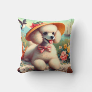 Cute Poodle Vintage Painting Throw Pillow
