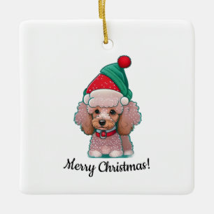Cute poodle with Christmas Hat Ceramic Ornament